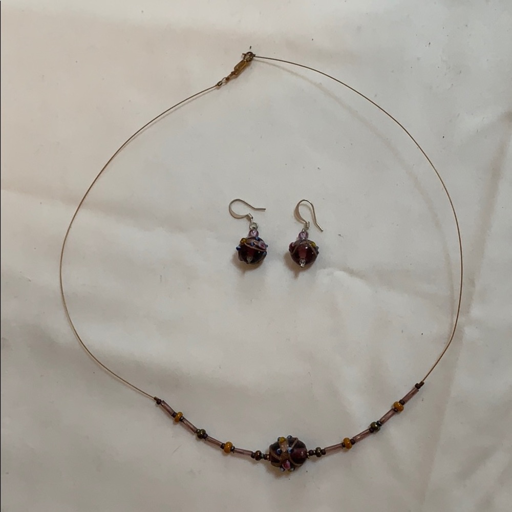 Hand crafted Purple glass necklace and earring set